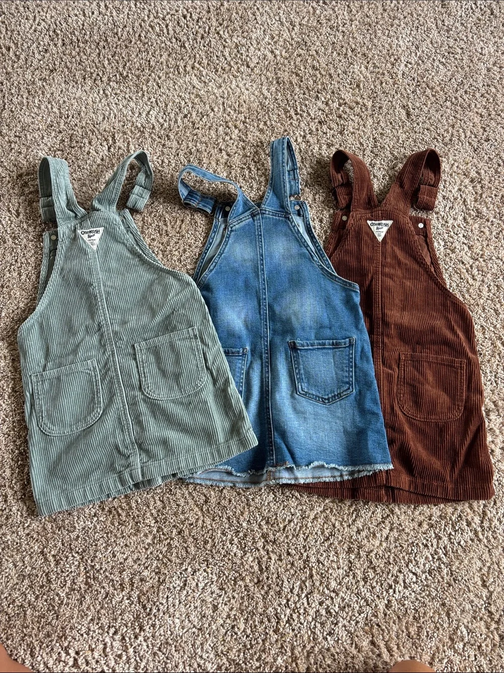 Oshkosh Three Girls' overall dresses- Green, Denim Blue & Brown